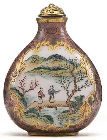 The top lot of the auction was this rare and unusual enameled white glass snuff bottle from the Imperial Palace workshops, circa 1750‱780, that fetched $254,000.