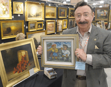Exhibitor Bill Union with a David Burliuk painting that was offered from his booth. The Burliuk was priced at $8,500, the Bryant Chapin still life was $4,750.