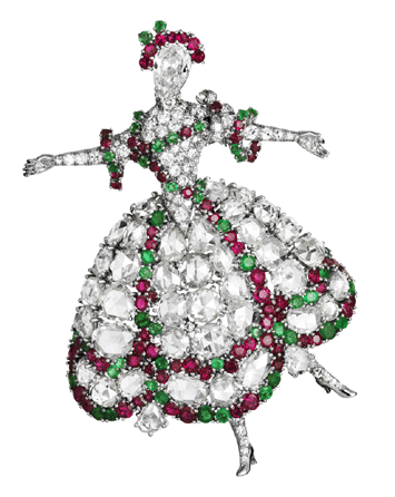 Camargo brooch designed by Van Cleef & Arpels, New York City, 1942, platinum, diamonds, rubies, emeralds. Private collection. ⁃hristie's photo