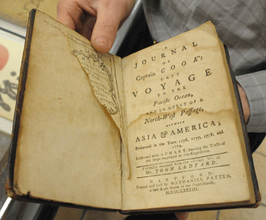 Discovered in a steamer trunk in a barn, the leather-bound John Ledyard book from 1783, A Journal of Captain Cook's Last Voyage to The Pacific Ocean and in Quest of a Northwest Passage Between Asia and America, sold for $8,625.