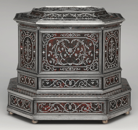 Wig cabinet (cabinet de coiffure), Johann Daniel Sommer II (1643‱698?), Gottfried von Guttenberg (German, 1654‱698), German (Künzelzau), circa 1685, oak and walnut veneered with ebony, ebonized wood and marquetry of pewter and mother-of-pearl on horn over paint, simulating tortoiseshell; silver; brocaded damask not original to the wig cabinet, 16 by 18 by 13½ inches. The Metropolitan Museum of Art, purchase, Rogers Fund and Cynthia Hazen Polsky gift, 2004.
