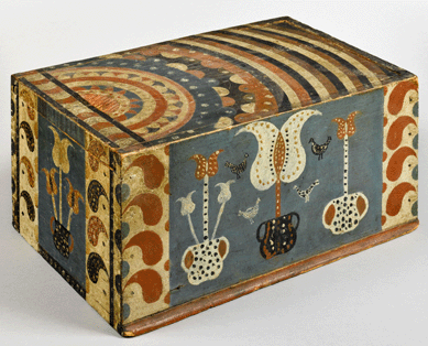 A vibrant Compass Artist slide lid box demonstrates the variety of compass work decoration. It is thought to have been made in Lancaster County, circa 1800‱840. Collection of Jane and Gerald Katcher. ⁇avin Ashworth photo
