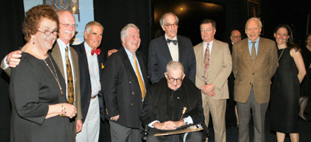 Seven of the past ADA Award of Merit winners were present at the dinner, pictured here with Judith Livingston Loto, at right, president of the ADA. They include Wendell Garrett, at front, and from left, Jane and Richard Nylander, R. Scudder Smith, Dean F. Failey, this year's winner Morrie Heckscher, Philip Zea and Joe Kindig.