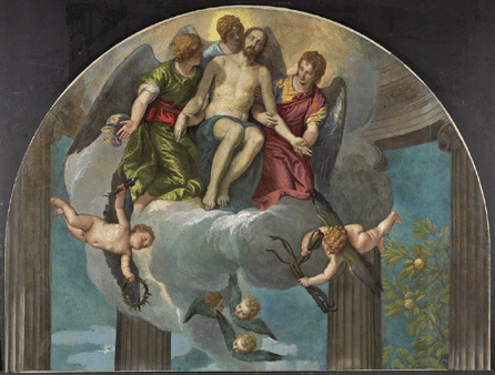 Three works by the Venetian master Veronese are represented in the exhibit. Part of a monumental altarpiece, Veronese's jewel-toned "The Dead Christ Supported by Angels,†1563‱565, has just been restored. Lunette in shape, the 87-by-98½-inch oil on canvas is the earliest of Veronese's many variations on this theme and is on loan from the National Gallery of Canada, Ottawa.