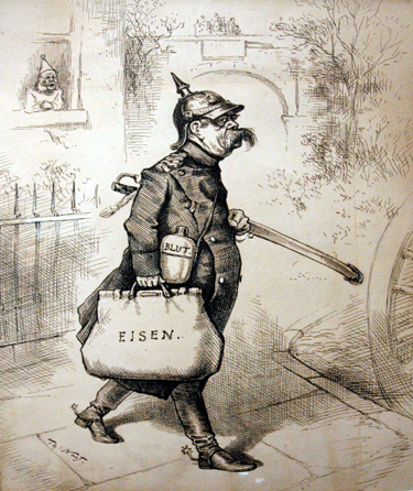 At James E. Arsenault & Company, Arrowsic, Maine, was this original pen and ink drawing by the "father of American cartoons,†Thomas Nast (1840‱902), circa 1865, satirizing the "blood and iron†policy of the Prussian prime minister Otto von Bismarck.