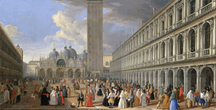 "The Piazza San Marco, Looking East,†circa 1710‱5, by Luca Carlevarijs, precedes Canaletto's work of the same subject by about a decade. Carlevarijs's painting focuses on the colorful crowd representing a range of Venetian society rather than the monumental setting, which is depicted off-center and with the campanile's spire cut off. Accepted by the government of Her Majesty Queen Elisabeth II in lieu of inheritance tax and allocated to the trustees of Kiplin Hall, Yorkshire.