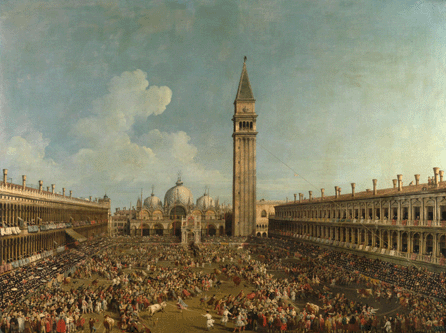 An impressive Canaletto rival for a time was Giovanni Battista Cimaroli (1687‱771), whose most notable work, "The Piazza San Marco with the Populace Chasing Bulls in Celebration of the Visit of Friedrich Christian of Saxony, 16 February 1740,†captured the colorful spectacle of bull chasing in the city center. This large, decorative work shows large crowds in the capacious square dodging bulls, who were restrained by ropes while dogs baited them. Private collection, England. ₩National Gallery, London, photo; courtesy of the owner.