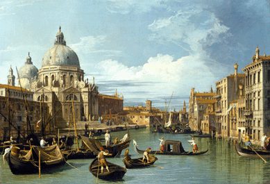 One of the exhibition's highlights, "The Entrance to the Grand Canal, Looking West, with Santa Maria della Salute,†circa 1729, showcases Canaletto's changing style, with its sun-drenched, detailed image in a smaller format that was popular with visitors. The atmosphere is no longer brooding, but serene. Santa Maria della Salute, the domed octagonal church to the left, is a masterwork of Venetian baroque architecture, completed in 1681. The Museum of Fine Arts, Houston, the Robert Lee Blaffer Memorial Collection, gift of Sarah Campbell Blaffer.