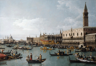 Canaletto's talented, precocious nephew, Bernard Bellotto, trained in his uncle's studio and started out painting like his uncle. While the younger man's "The Bacino on Ascension Day,†circa 1739, is larger with a markedly cooler light than his uncle's view of the same occasion a half dozen years earlier, the gondolas in the foreground and the gondoliers' gestures replicate Canaletto's interpretation. From the Castle Howard Collection, ©courtesy of the owner.