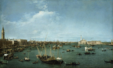 Utilizing a cool, wintry light and detailed precision to record more than the eye could possibly see, Canaletto's "The Bacino di San Marco,†circa 1738″9, contrasts with his earlier, brooding atmospheric works. The high vantage point, exaggerated size of the bay and reduced scale of the buildings allowed the artist to create an especially appealing view of his native city. Museum of Fine Arts, Boston, Abbott Lawrence Fund, Seth K. Sweetser Fund and Charles Edward French Fund.