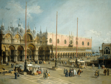 With characteristic care, Canaletto created this evocative composition of a center of Venetian life, "The Piazza San Marco and the Pizzetta, looking South-East,†circa 1743. Effulgent sunlight delineates the variety of people, vendors' sites, the grandeur of the buildings and the picturesque bay nearby †a scene to appeal to foreign buyers. National Gallery of Art, Washington, gift of Barbara Hutton.