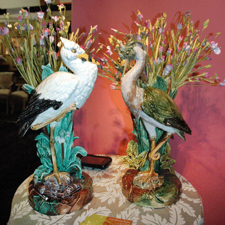 Miniature majolica mantel vases, 15 inches high, circa 1870, at Linda Ketterling Fine Majolica, Toledo, Ohio.