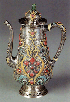 This ornate Tiffany chocolate pot in the Moorish style, shown at the World's Columbian Exposition, Chicago, in 1893, achieved $69,000.