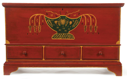 One of three paint decorated blanket chests in the exhibit made by Sugarcreek cabinetmaker Valentine Yoder (1831‱912), this dower-style chest bears a decoration that Yoder popularized, featuring a compote of fruit with wheat shafts. Collection of Doris and Kyle Fuller. 