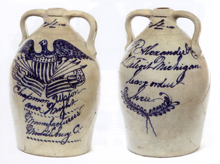 Perhaps one of the most striking visual examples of Ohio stoneware, this double handled 4-gallon jug with prolific eagle decoration was made by Chapman, Upson and Wright, Middlebury, Ohio, circa 1870. The verso of the jug is marked "Leave Orders Here.†Collection of the Ohio Historical Society.