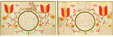 Pair of fraktur, Jefferson Township, Montgomery County; watercolor and ink on paper, 1811 and 1823, each 11¾ by 16 inches. Brothers Wilhelm and Elias Stover were born to Friederich and Elizabeth Stover. Collection of Doris and Kyle Fuller.