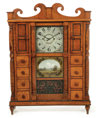 Shelf clock, northeastern Ohio; figured maple, walnut and tulip (poplar), 1820‱840, 42¼ by 31½ by 9½ inches. One of the most notable items in the exhibition is this rare shelf clock with an elaborate crest, finely turn feet and two matching columns of four drawers each topped by small cupboards. The movement and tablets have been replaced, leaving the maker anonymous. Collection of the Western Reserve Historical Society, Cleveland.