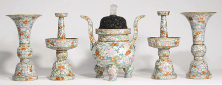 Top lot of the auction was this rare large Chinese famille rose "Millefleurs†altar garniture bearing six character Qianlong marks and of the period, which more than doubled its high estimate in selling for $2,098,500.