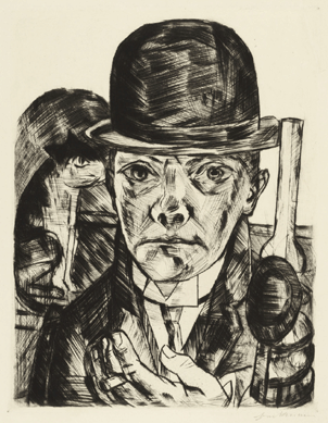Max Beckmann, "Self-Portrait in Bowler Hat (Selbstbildnis mit steifem Hut),†1921, published not before 1922; first edition drypoint, plate: 12 11/16 by 9¾ inches); sheet: 21 1/8 by 16½ inches. Publisher: J. B. Neumann, Berlin; printer unknown. The Museum of Modern Art, New York, gift of Edward M.M. Warburg. © Max Beckmann / 2011 Artists Rights Society (ARS), New York / VG Bild-Kunst, Bonn.