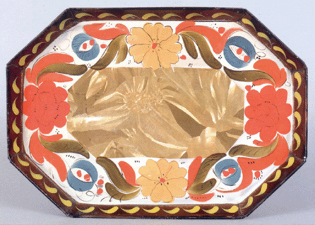 The top lot of the Elgin collection was a mint condition tole tray with vibrant red, blue and yellow floral decoration with green foliate accents and a gold crystallized center panel. Estimated at $5/10,000, bidding on the tray was brisk with it selling at $42,600.