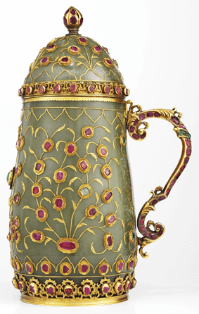 Sixteenth Century Ottoman jade tankard inlaid with gold and studded with rubies and emeralds.