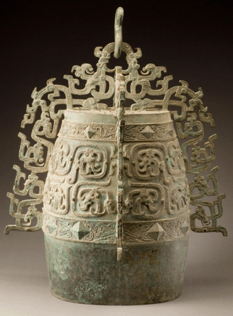 As a reward for escorting the Zhou royal family to safety in 771 BC, the lord of Qin was given land and a high rank, an event recorded on this elegantly flanged, bronze musical bell. Such bells, usually played in sets, were used in ancient Chinese ceremonial rituals. Baoji Bronze Museum.