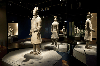 By sculpting final details by hand, makers of figures in the terracotta army, such as this unarmored general, were able to individualize them, achieving thousands of unique human figures. They were part of what was designed as a perfect army to guard the First Emperor in the afterlife. Emperor Qin Shihuang's Terracotta Army Museum. Photograph courtesy of Montreal Museum of Fine Arts.