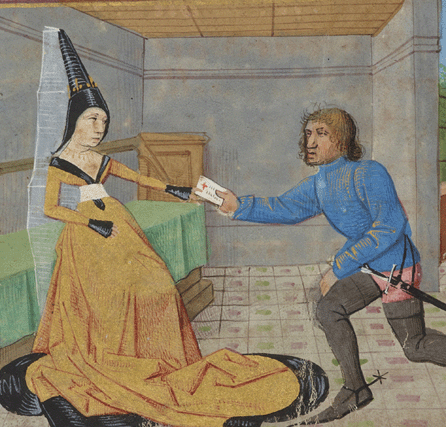 "Geneviève Receiving King Mark's Letter†by the Master of the Vienna Mamerot. Romance of Tristan; France, Bourges? dated 1468. Pierpont Morgan Library (detail shown).