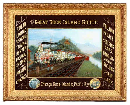 Rock Island Railroad reverse glass sign, made in 1890 by an employee, was the top lot at $165,000.