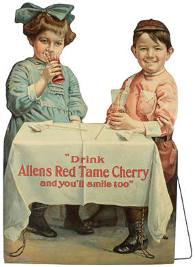 Allen's Red Tame Cherry embossed die-cut easel-back sign, made 1910, realized $55,200.