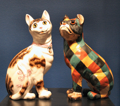 Galle faience figures of Harlequin and Columbine, one of three known pairs, $45,000, at Leo Kaplan, Ltd, New York City.