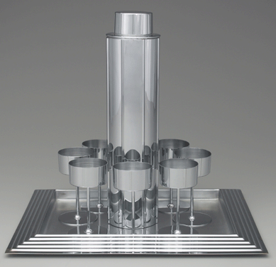 Norman Bel Geddes designed this polished chrome-plated brass "Manhattan Cocktail Service†in the mid-1930s, adding sleek, Modernist barware to the ambience of cocktail parties. Yale University Art Gallery, Stephen Carlton Clark, BA 1903, Fund. Courtesy of Yale University Art Gallery. 