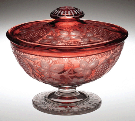 Rosaria overlay covered bowl with "Eng. Grape†decoration, Pairpoint, 1920‱936.