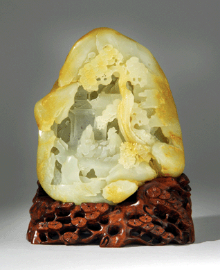 The 7-inch white jade mountain had traces of russet and realized $35,400. 