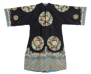 A k'ossu robe with rondels of butterflies and peonies on a dark blue ground above curling waves brought $29,900.