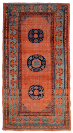With three medallions of a red field and a sea foam green border, this Nineteenth Century Kotan carpet, 11 feet 10 inches by 6 feet 2 inches, surprised when it sold at $63,990 †well above its $1,5/2,500 estimate.