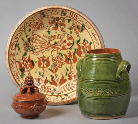 Left to right: covered bowl, southeastern Pennsylvania, 1780‱830; dish attributed to George Hubener, Montgomery County, 1787; jar attributed to Vickers/Caln Pottery, Chester County, 1806. Winterthur, bequest of Henry Francis du Pont. ⁊im Schneck photo