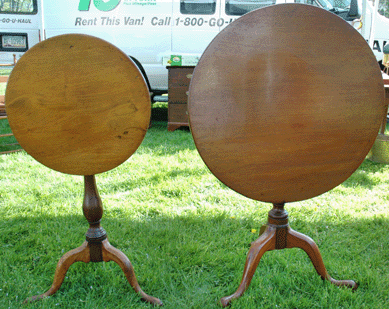 A tilt top tea table and candlestand, both circa 1790 and of cherry wood, were among the furniture pieces shown by Steve and Ginny Balser of Old Horizon Antiques, Danbury, Conn. They came out of a Harlem, N.Y., estate. 