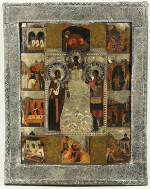 This Russian icon depicting St Nikolai Chudotvorets and St Christopher with scenes from their lives, a second half of the Sixteenth Century piece with elaborate basmany oklad came from a private American collection. It soared from its $4/6,0000 estimate to bring $33,600.
