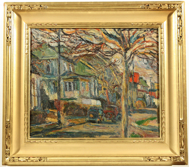 One of two paintings by the Russian émigré artist Abraham Manievich (1881‱942) that were offered in the sale, "Quiet Autumn Day,†an oil on board that featured an unfinished street scene on verso, fetched $24,000. It measured 22 by 26 inches and was signed lower right.