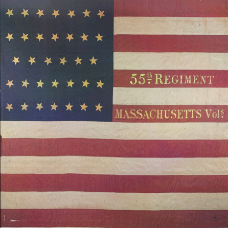 The national flag of the 55th Massachusetts Volunteers, one of two black regiments from the commonwealth, was issued July 8, 1863, along with the corresponding regimental flag. The latter was carried into battles in Georgia, Florida and South Carolina and did not survive. The national flag is part of the Middlesex School collection of Civil War material donated by descendents of Norwood Penrose Hallowell, the commanding officer of the 55th.