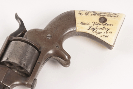 The Concord Billiards, Chess and Whist Club presented a pistol to each departing officer. The example pictured was given to Joseph Derby Jr, age 40, who had enlisted in Company F, Fifth Regiment. Derby's father served in the War of 1812 and his grandfather in the Revolution.