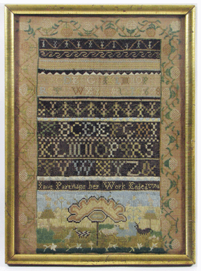 Dated 1774, an Essex County, Mass., sampler sold for $18,400.