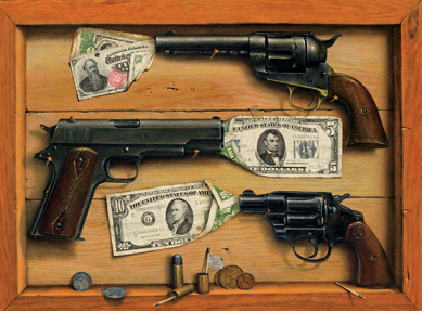 The Otis Kaye trompe l'oeil, $72,000, was humorously titled "Gun Fight Today O. Kaye's Corral.†