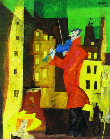Lyonel Feininger, "The Red Fiddler (Der rote Geiger),†1934, oil on canvas, 39½ by 31½ inches; private collection, Geneva. ©Lyonel Feininger Family, LLC/Artists Rights Society (ARS), New York