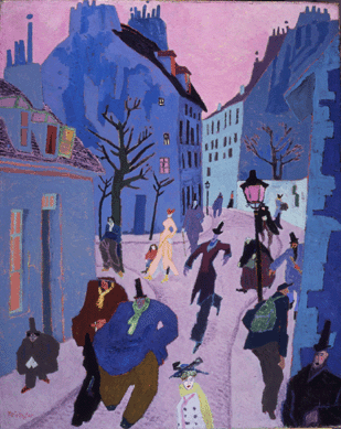 Lyonel Feininger (1871‱956), "In a Village Near Paris (Street in Paris, Pink Sky),†1909; oil on canvas, 39¾ by 32 inches. University of Iowa Museum of Art, Iowa City; gift of Owen and Leone Elliott. ©Lyonel Feininger Family, LLC/Artists Rights Society (ARS), New York