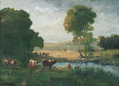 J. Carleton Wiggins, "Cows Watering Near the Farm,†oil on canvas, 18 by 25½  inches, signed J.C. Wiggins, 1875.