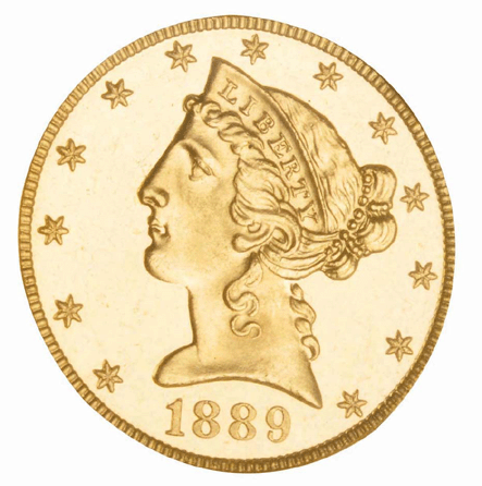 This 1889 $5 Liberty Half-Eagle NGC PF 65 cameo gold coin with provenance to the Amon Carter Collection sold for $44,800. 