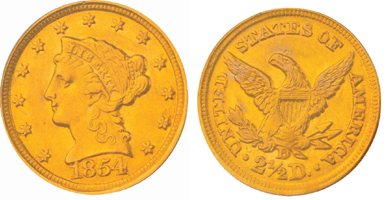 An 1854-D $2.50 gold Liberty Quarter-Eagle, AU-58, with provenance to the Ashland City (Tenn.) Collection of branch mint gold coins finished at $23,600. 