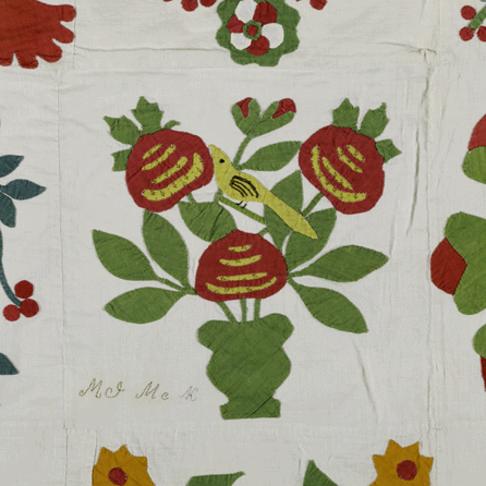 Album quilt top (detail), 1859, western Illinois, McDonough County area, cottons. From the Bingham-Miller Family Collection.